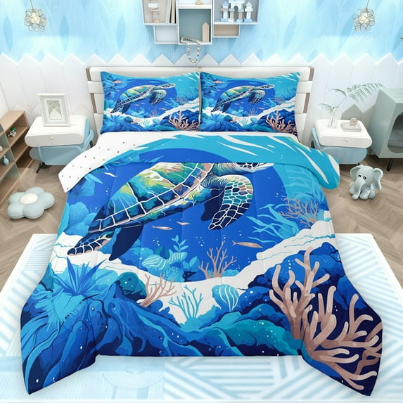 Feelyou Cartoon Sea Turtle Full Size Comforter Sets, Dreamy Ocean Animal Bedding Comforter Set, Marine Coral Reversible Bedding Sets, Lightweight Room Decor, 3 Pieces