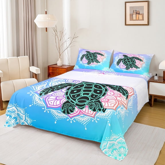 Feelyou Cartoon Sea Turtle Queen Sheet Sets, Bohemian Blue Damask Flower Flat Sheet, Teens Kids Boys Girls Queen Fitted Sheet, Super Cozy Room Decor, 4pcs