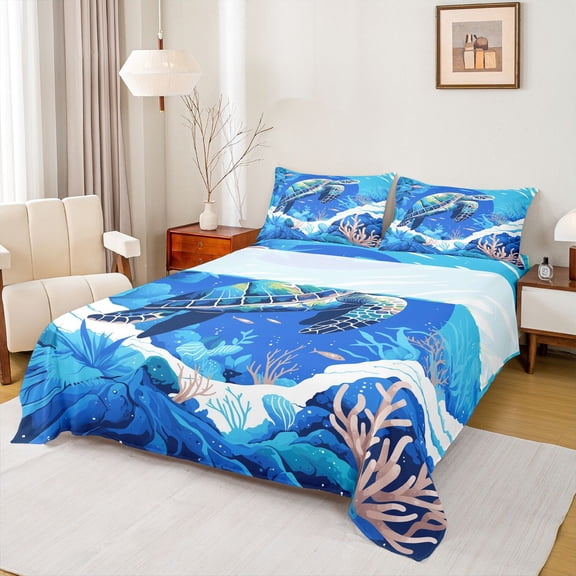 Feelyou Cartoon Sea Turtle Twin Sheet Sets, Dreamy Ocean Animal Twin Fitted Sheet, Marine Coral Flat Sheet, Lightweight Room Decor, 3 Pieces