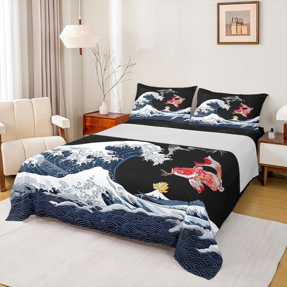 Feelyou Cartoon Sea Waves Bed Sheets, Couple Fish King Sheets, 4-Piece