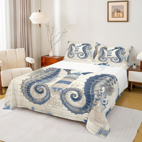 Feelyou Cartoon Seahorse Teens Full Size Sheets, Nautical Lighthouse Bed Sheets, Kawaii Ocean Animal Sheet Sets, Lightweight Room Decor, 4-Piece