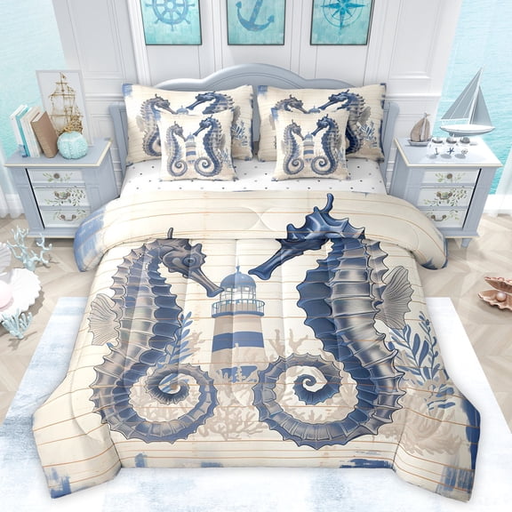 Feelyou Cartoon Seahorse Teens Twin Bedding Sets 7-Piece, Nautical Lighthouse Bedding Comforter Set, Kawaii Ocean Animal Reversible Sheet Sets, Lightweight Room Decor