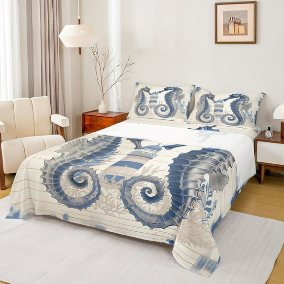 Feelyou Cartoon Seahorse Teens Twin Sheet Sets, Nautical Lighthouse Twin Fitted Sheet, Kawaii Ocean Animal Flat Sheet, Lightweight Room Decor, 3-Piece