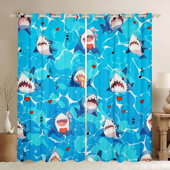 Feelyou Cartoon Shark Black Out Curtains for Boys Girls Kids, Ocean Cute Marine Wildlife Curtains Pack of 2 (42x63 Each), Blue