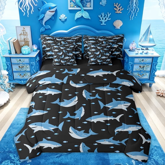 Feelyou Cartoon Shark Bubble Bedding Comforter Set for Boys Girls Kids, Deep Sea Ocean Marine Queen Bedding Sets, Navy, Black Reversible, 7pcs