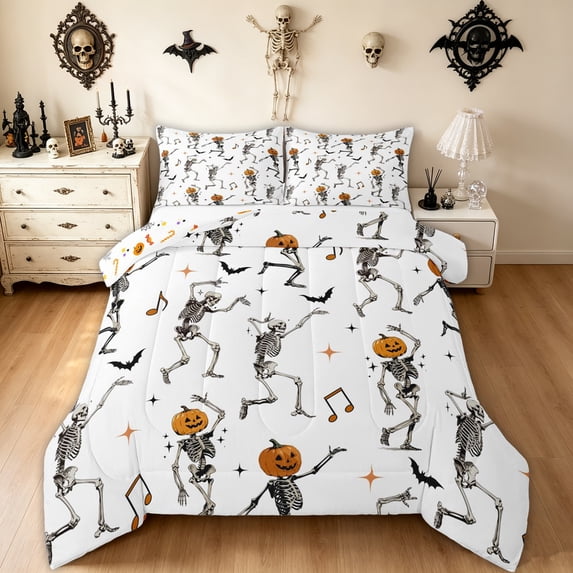 Feelyou Cartoon Skeleton Full Size Comforter Sets, Happy Halloween Pumpkin Bedding Comforter Set, White, Halloween Reversible, 3-Piece, 1 Comforter and 2 Pillowcases