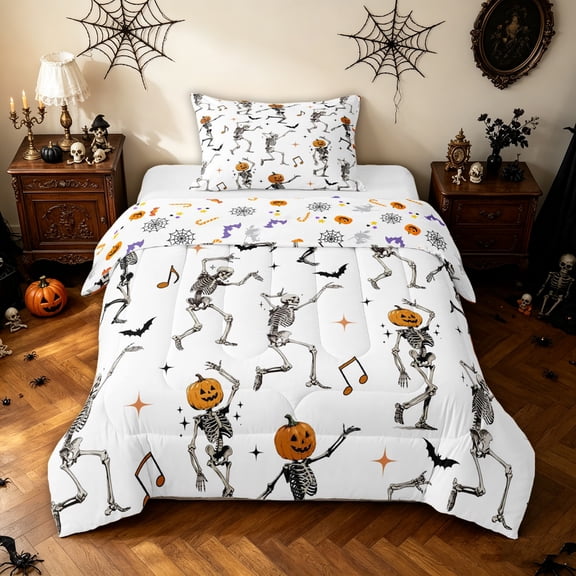 Feelyou Cartoon Skeleton Twin Comforter Sets, Happy Halloween Pumpkin Bedding Set, White, Halloween Reversible, 2-Piece, 1 Comforter and 2 Pillowcases