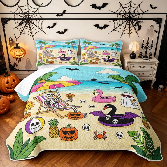 Feelyou Cartoon Skeleton Twin Quilt Set, Summer Beach Flamingo Twin Coverlet Set, Blue Yellow, 2pcs, 1 Comforter and 1 Pillowcase