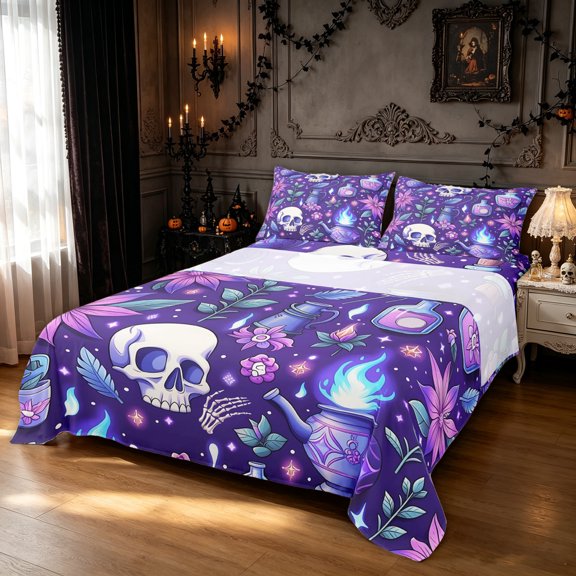 Feelyou Cartoon Skull Queen Sheets, Spooky Halloween Floral Queen Sheet Sets, Violet, 4 Pieces, 1 Flat Sheet, 1 Fitted Sheet and 2 Pillowcases