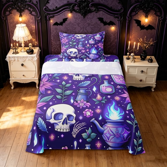 Feelyou Cartoon Skull Twin Sheets, Spooky Halloween Floral Bedding, Violet, 3 Pieces, 1 Flat Sheet, 1 Fitted Sheet and 1 Pillowcase