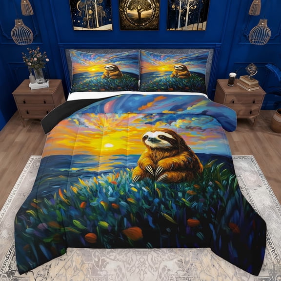 Feelyou Cartoon Sloth Animal Bedding Comforter Set, Kawaii Woodland Wildlife Twin Comforter Sets, Teens Kids Boys Girls Reversible Bedding Set, Microfiber Bedroom Decor, 2-Piece
