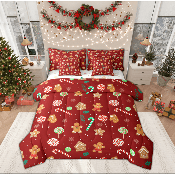 Feelyou Cartoon Snowflake Print Twin Bedding Sets 7-Piece, Cute Gingerbread Man Bedding Comforter Set, Red Christmas Theme Reversible Sheet Sets, Luxury Bedroom Decor