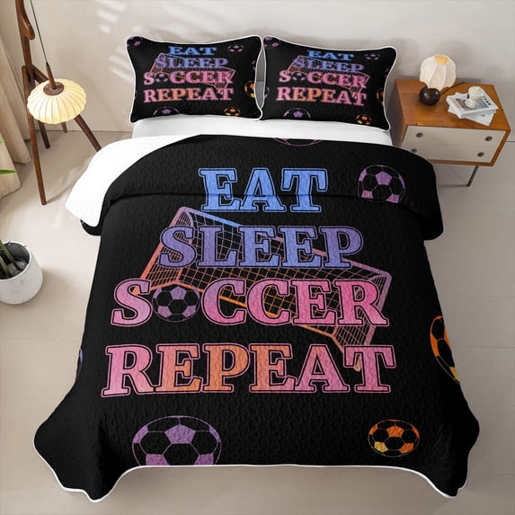 Feelyou Cartoon Soccer Football Twin Quilt Set for Teens, Eat Sleep Repeat Twin Coverlet Set, Black Blue Pink, 2pcs