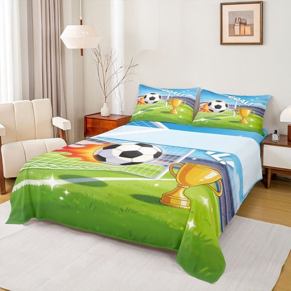 Feelyou Cartoon Soccer Queen Sheets for Boys, Trophy Goal Queen Sheet Sets, Green Blue, 4 Pieces, 1 Flat Sheet, 1 Fitted Sheet and 2 Pillowcases