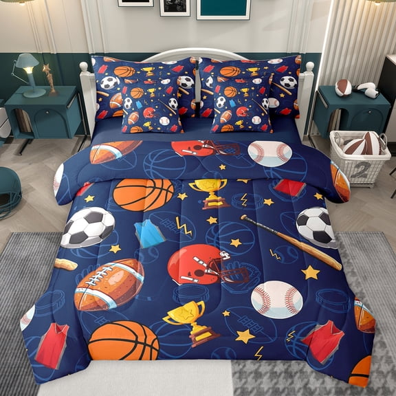 Feelyou Cartoon Soccer Rugby Bedding Comforter Set 7pcs, Football Athlete Helmet King Bedding Sets, Basketball Sports Reversible Bed Sheets, Luxury Bedroom Decor