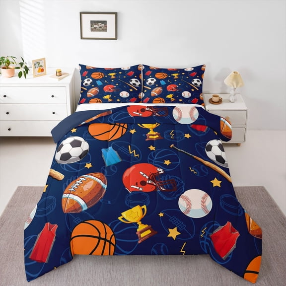 Feelyou Cartoon Soccer Rugby Bedding Comforter Set, Football Athlete Helmet Twin Comforter Sets, Basketball Sports Reversible Bedding Set, Luxury Bedroom Decor, 2 Pieces