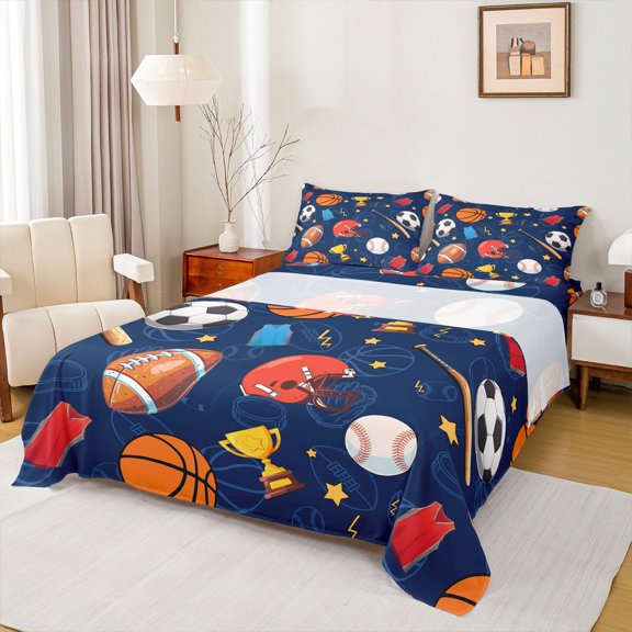 Feelyou Cartoon Soccer Rugby Queen Sheet Sets, Football Athlete Helmet Flat Sheet, Basketball Sports Queen Fitted Sheet, Luxury Bedroom Decor, 4 Pieces