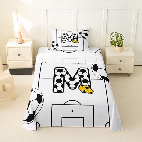 Feelyou Cartoon Soccer Sport Twin Sheets for Kids, Homeycomb Football Letter M Print Bedding, 3pcs, 1 Flat Sheet, 1 Fitted Sheet and 1 Pillowcase