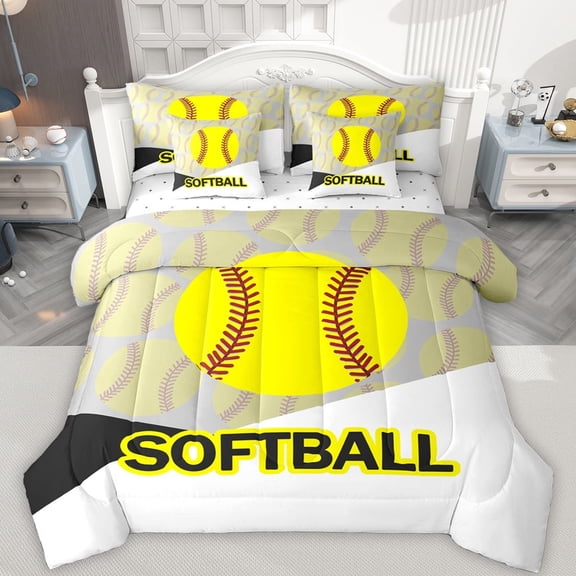 Feelyou Cartoon Softball Sports Bedding Comforter Set 7 Pieces, Est Sleep Repeat Full Bedding Set, Teens Kids Girls Teens Reversible Fitted Sheet Flat Sheet, Lightweight Room Decor