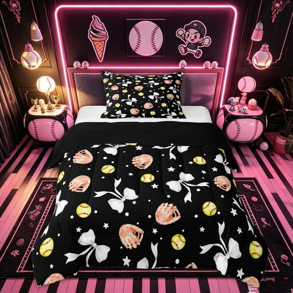 Feelyou Cartoon Softball Star Twin Comforter Sets for Girls, Kawaii Princess Ribbon Bedding Set, Black Reversible, 2 Pieces, 1 Comforter and 1 Pillowcase