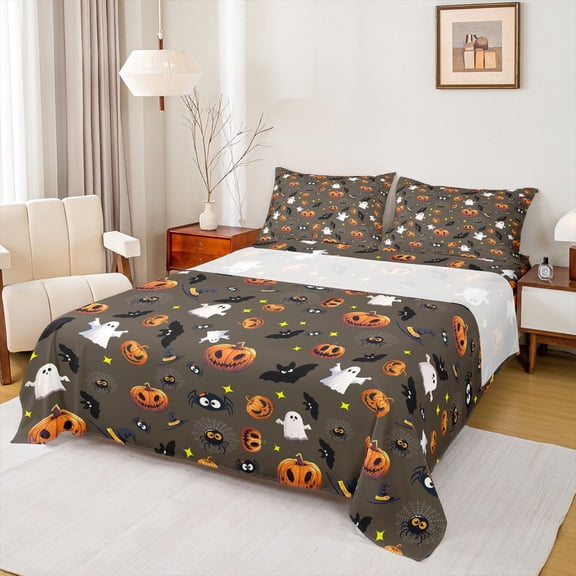 Feelyou Cartoon Spider Bat Full Size Sheets, Halloween Ghost Animal Bed Sheets, 4 Pieces