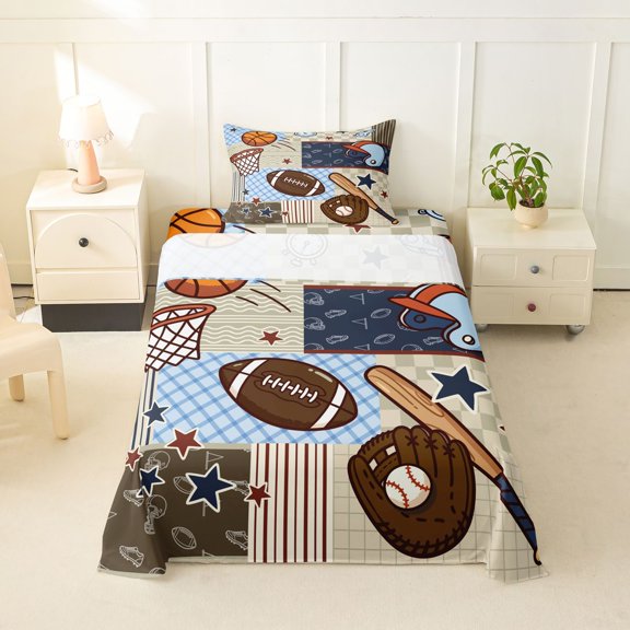 Feelyou Cartoon Sport Helmet Twin Sheets for Kids, Blue Brown Patchwork Rugby Bedding, 3-Piece, 1 Flat Sheet, 1 Fitted Sheet and 1 Pillowcase