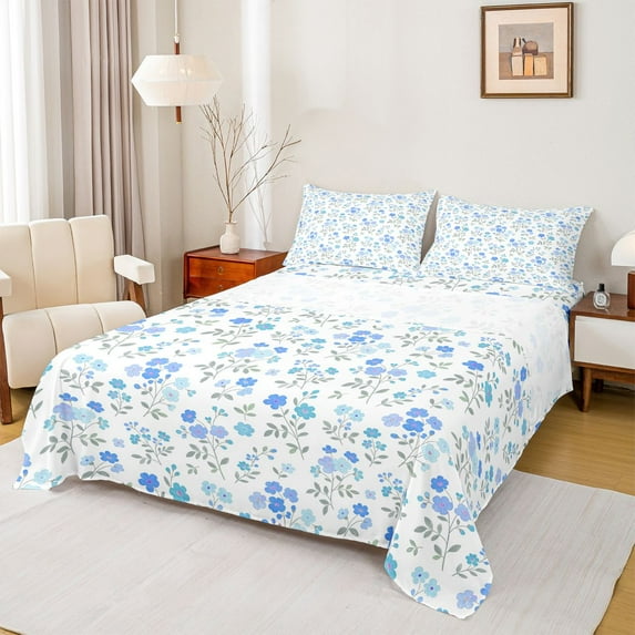 Feelyou Cartoon Spring Floral Bed Sheets, Blue Flower King Sheets, 4 Pieces