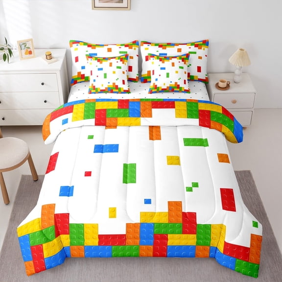 Feelyou Cartoon Square Geometry Bedding Comforter Set 7pcs, Building Blocks King Bedding Sets, Kid Child Teenager Bed Sheets, Microfiber Bedroom Decor, 3 Pieces