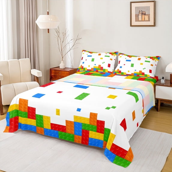 Feelyou Cartoon Square Geometric Twin Sheet Sets, Building Blocks Twin Fitted Sheet, Kid Child Teenager Flat Sheet, Microfiber Bedroom Decor, 3 Pieces