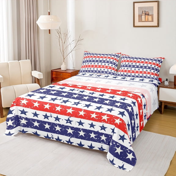 Feelyou Cartoon Star Print Bed Sheets for Kids, Texas Stars King Sheets, Red Blue Stripes Geometric Sheet Set, Lightweight Room Decor, 4 Pieces