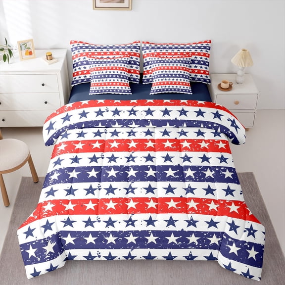Feelyou Cartoon Star Print Bedding Comforter Set 7 Pieces for Kids, Texas Stars Full Bedding Set, Red Blue Stripes Geometric Reversible Fitted Sheet Flat Sheet, Lightweight Room Decor