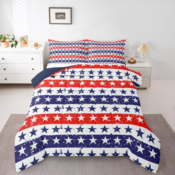 Feelyou Cartoon Star Print Queen Comforter Set for Kids, Texas Stars Bedding Sets, Red Blue Stripes Geometric Reversible Bedding Comforter Set, Lightweight Room Decor, 3 Pieces