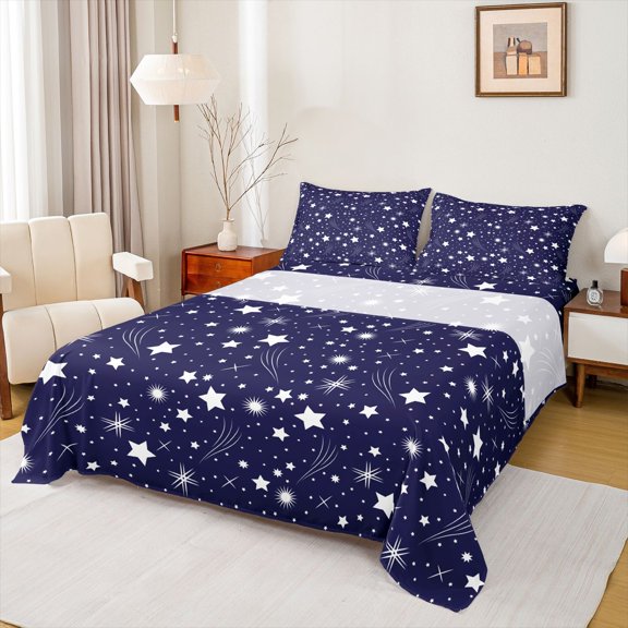 Feelyou Cartoon Stars Child Full Size Sheets, Dreamy Starry Sky Galaxy Bed Sheets, Navy Horoscope Theme Sheet Sets, Ultra Soft Bedroom Decor, 4pcs