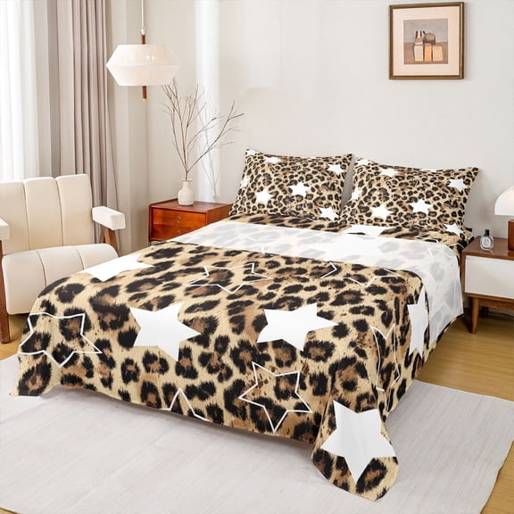 Feelyou Cartoon Stars Kids Twin Sheet Sets, Western Leopard Print Bedding, 3pcs