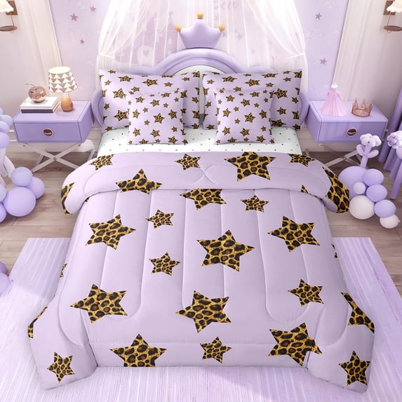 Feelyou Cartoon Stars Plum Bedding Comforter Set 7pcs, Cheetah Print King Bedding Sets