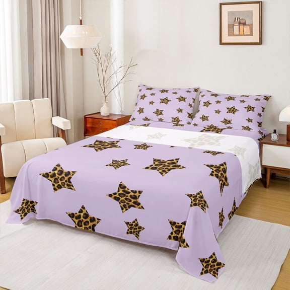 Feelyou Cartoon Stars Plum Twin Sheet Sets, Cheetah Print Bedding, 3-Piece