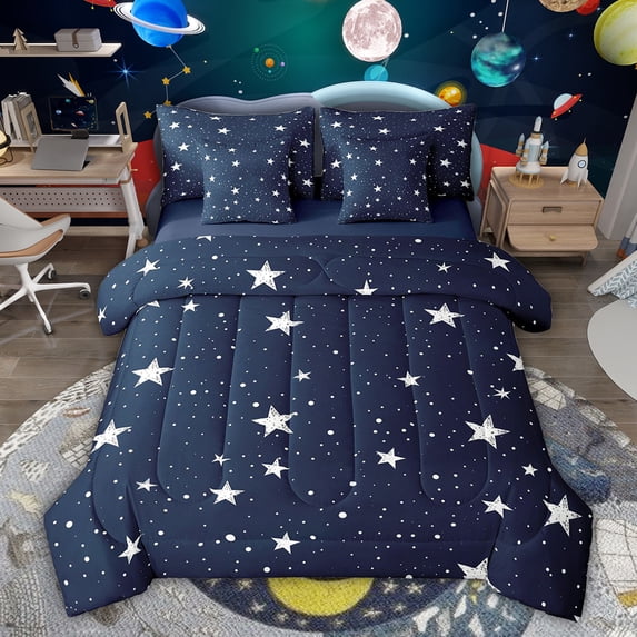 Feelyou Cartoon Stars Print Bedding Comforter Set 7pcs, Boy Girl Queen Bedding Sets