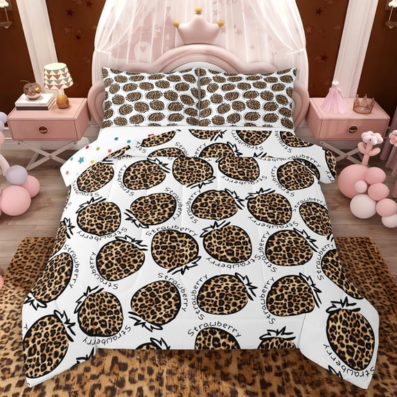 Feelyou Cartoon Strawberry Queen Comforter Set, Leopard Print Bedding Comforter Set, 3pcs
