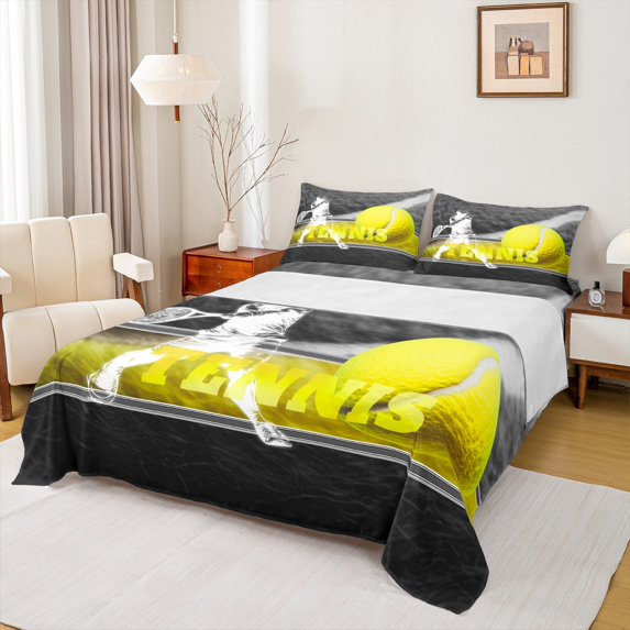 Feelyou Cartoon Tennis Athlete Twin Sheet Sets, Ball Sports Gaming Twin Fitted Sheet, Teens Kids Boys Girls Flat Sheet, Ultra Soft Bedroom Decor, 3 Pieces