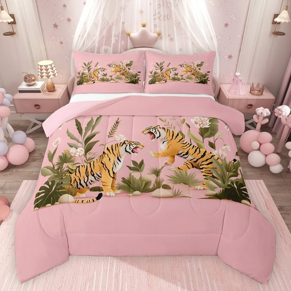 Feelyou Cartoon Tiger Wildlife Bedding Comforter Set, Palm Leaf Botanical Twin Comforter Sets, Teens Kids Boys Girls Reversible Bedding Set, Breathable Home Decor, 2 Pieces