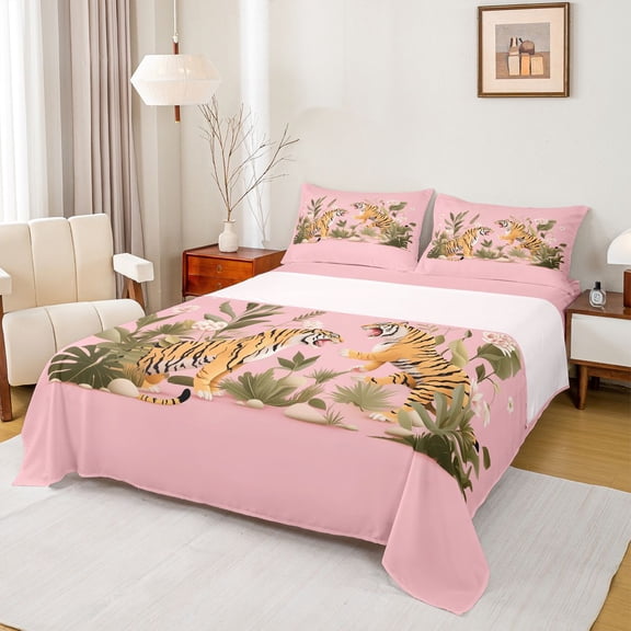 Feelyou Cartoon Tiger Wildlife Twin Sheet Sets, Palm Leaf Botanical Twin Fitted Sheet, Teens Kids Boys Girls Flat Sheet, Breathable Home Decor, 3 Pieces