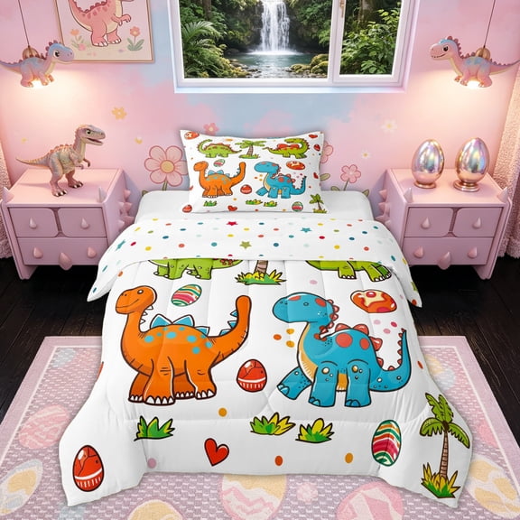 Feelyou Cartoon Tropical Dinosaur Eggs Twin Comforter Sets for Kids Boys Girls, Palm Tree Wildlife Bedding Set, Polkadot Reversible, 2-Piece