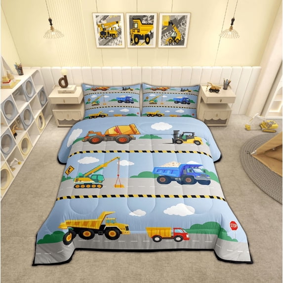 Feelyou Cartoon Truck Boys Full Size Comforter Sets, Rustic Car Bedding Comforter Set, Construction Vehicle Bedding Sets, Super Cozy Room Decor, 3 Pieces