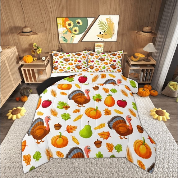 Feelyou Cartoon Turkey Animal Queen Comforter Set, Happy Harvest Bedding Sets, Thanksgiving Pumpkin Reversible Bedding Comforter Set, Ultra Soft Home Decor, 3pcs
