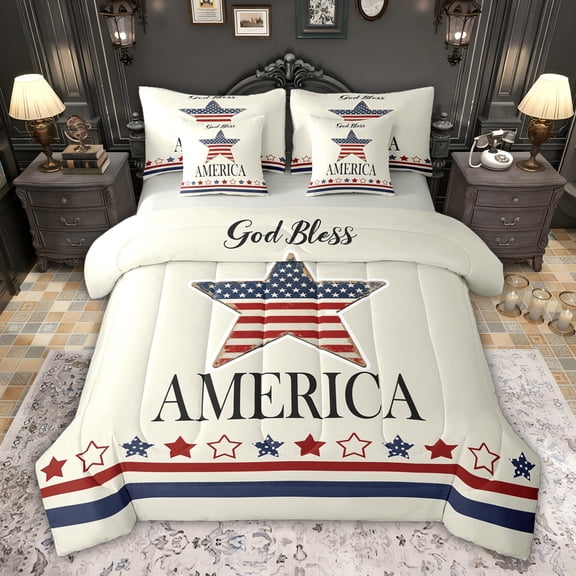 Feelyou Cartoon US Flag Bedding Comforter Set 7pcs for Teens, Vintage Stars Stripes King Bedding Sets, Fourth of July Reversible Bed Sheets, Lightweight Room Decor