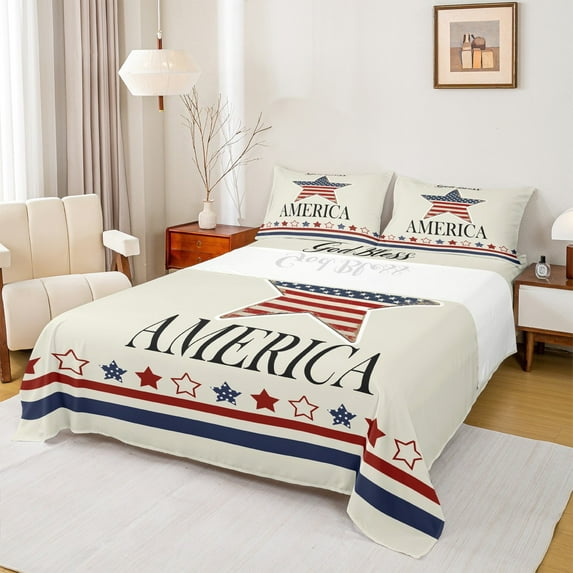 Feelyou Cartoon US Flag Twin Sheet Sets for Teens, Vintage Stars Stripes Twin Fitted Sheet, Fourth of July Flat Sheet, Lightweight Room Decor, 3 Pieces