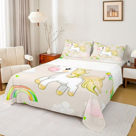 Feelyou Cartoon Unicorn Animal Full Size Sheets, Kawaii Cloud Rainbow Bed Sheets, Teens Kids Boys Girls Sheet Sets, Super Cozy Room Decor, 4 Pieces