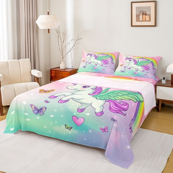 Feelyou Cartoon Unicorn Kids Bed Sheets, Dreamy Butterfly King Sheets, Rainbow Stars Galaxy Sheet Set, Luxury Bedroom Decor, 4 Pieces