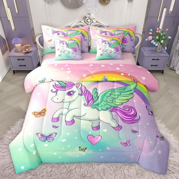 Feelyou Cartoon Unicorn Kids Bedding Comforter Set 7 Pieces, Dreamy Butterfly Full Bedding Set, Rainbow Stars Galaxy Reversible Fitted Sheet Flat Sheet, Luxury Bedroom Decor