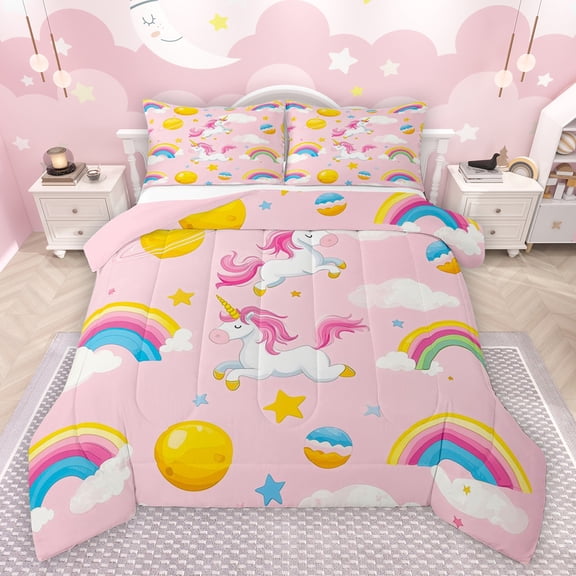 Feelyou Cartoon Unicorn Kids Bedding Comforter Set, Cute Planet Stars Twin Comforter Sets, Rainbow Cloud Galaxy Reversible Bedding Set, Ultra Soft Bedroom Decor, 2 Pieces